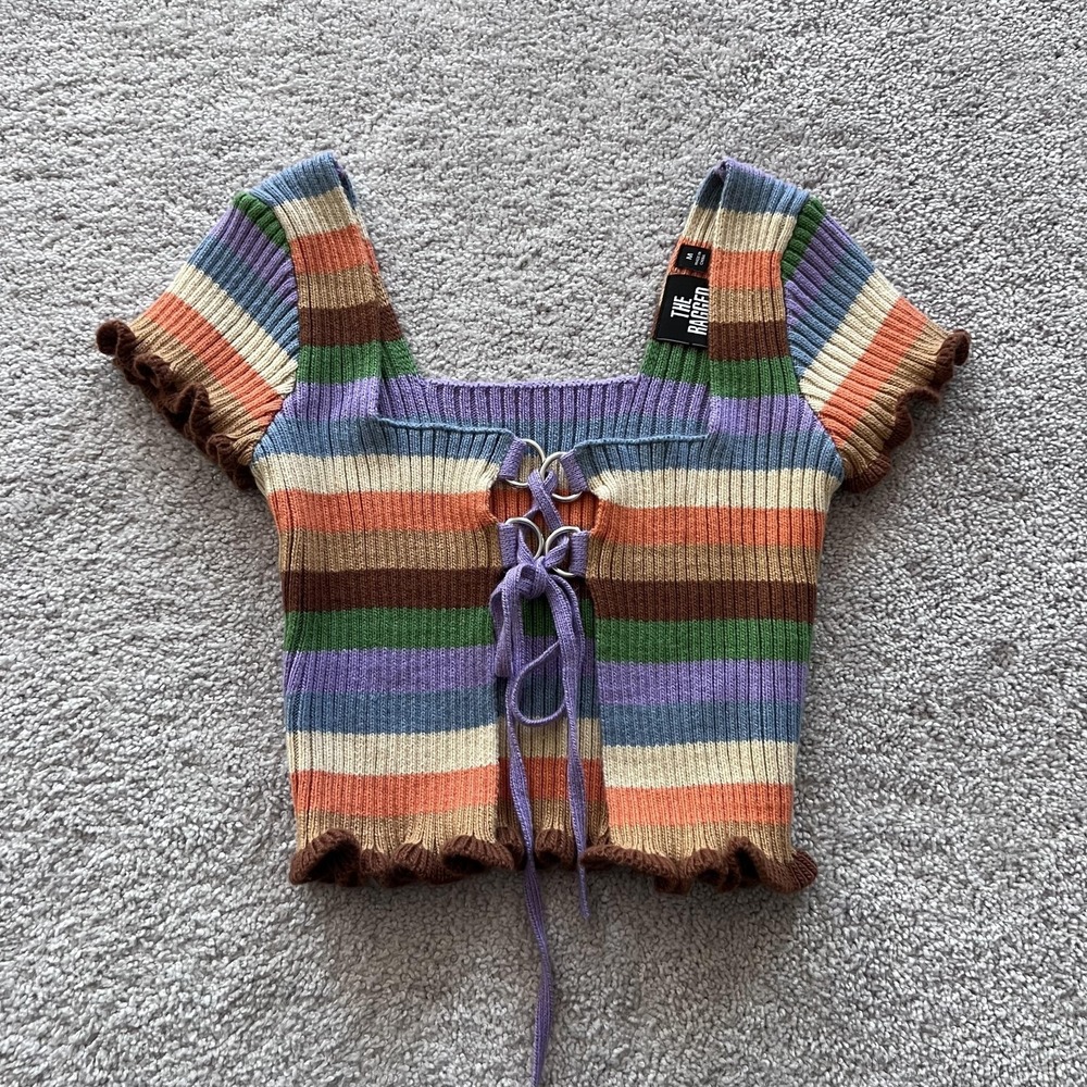 The Ragged‎ Priest Stripe Lace Up Knit Sweater M Multicolor Crop Ruffle Hem